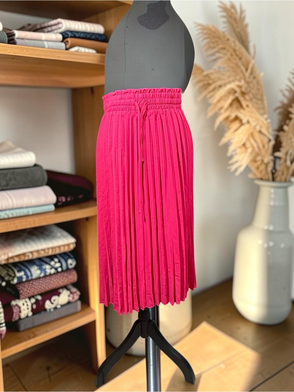 Pleated Midi Skirt in Fuchsia Pink with Elastic Waist
